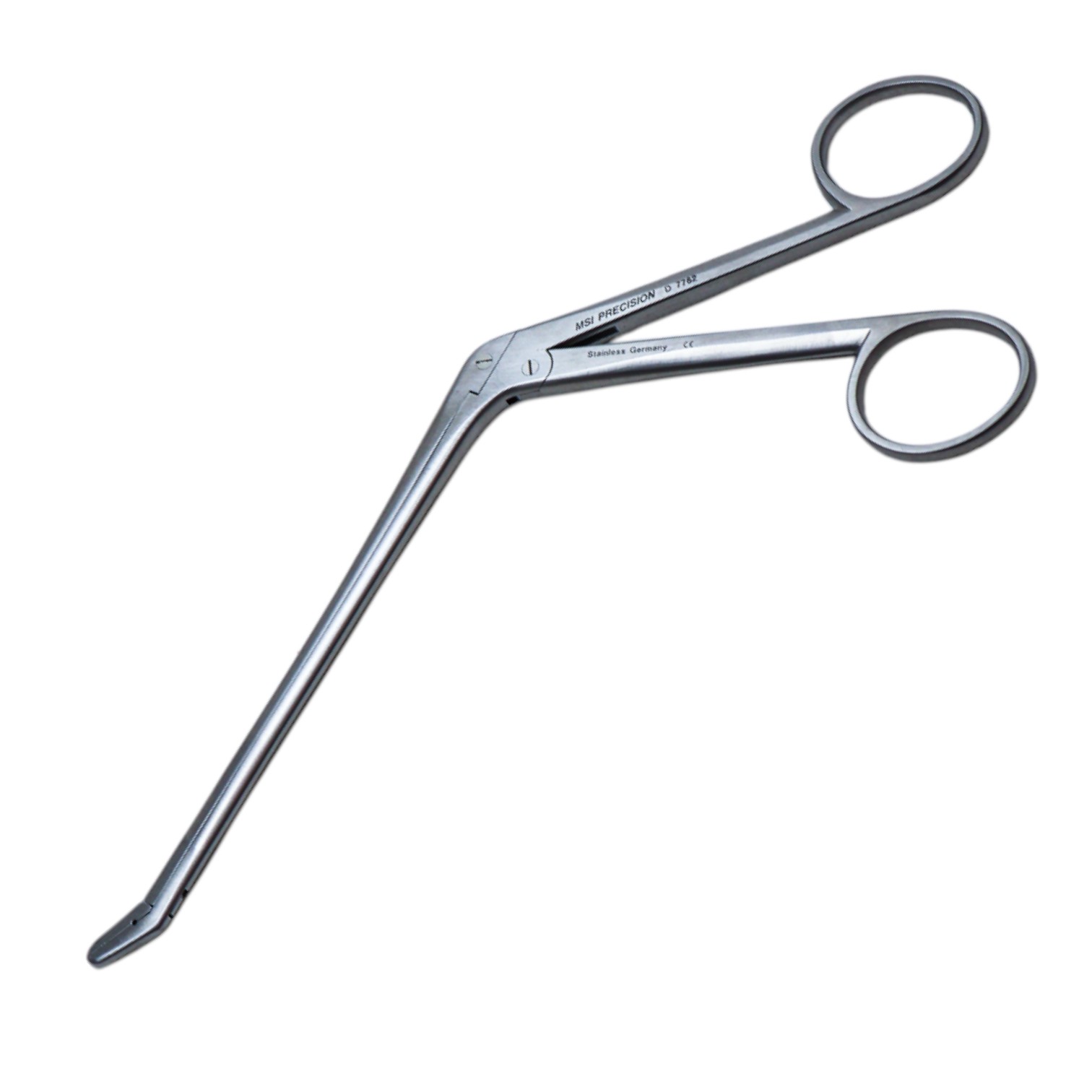 Love Gruenwald Intervertebral Discectomy Rongeur, Angled Up 45 Degrees, 3mm X 10mm Jaws, Two Ring Handles, Working Length 5" (127mm) 