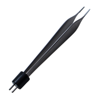 Adson Style Bipolar Forceps, Serrated Jaws, 1mm Tip, 10mm High Polish Area, Wide Serrated Handle, Overall Length 4-3/4" (121mm) 