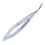 Aebli Corneal Section Scissors, Left, Angled Blades, Blunt Tips, 18mm Mid-Screw To Tip, Flat Handle, Overall Length 4-3/4" (120mm) 877069,May-01,E2390