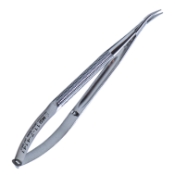 Baby Barraquer Needle Holder, Curved, Delicate, Without Lock, Short Model, 14mm Mid-Screw To Tip, Round Knurled Handle, Overall Length 4" (105mm) 818821,11/7/4141,K6-3030