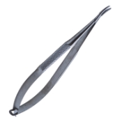 Barraquer Needle Holder, Curved, Without Lock, 15mm Mid-Screw To Tip Length, Knurled Handle, Overall Length 5-1/4" (135mm) 1037966,11/7/4741,K6-3630,08-02119,E3797 X