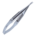 Barraquer Needle Holder, Gently Curved, Fine 10mm Jaws, Without Lock, Serrated Round Knurled Large Handle, Polished Finish, Overall Length 4-7/8" (125mm) 1116304,May-56,E3845