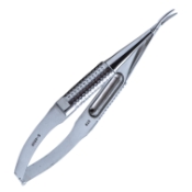 Barraquer Needle Holder, Gently Curved, Fine 10mm Jaws, Without Lock, Serrated Round Knurled Large Handle, Polished Finish, Overall Length 4-7/8" (125mm) 1116304,May-56,E3845