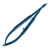 Barraquer Needle Holder, Titanium, Curved, Delicate 9mm Flattened Jaws, With Lock, Round Handle, Overall Length 4-1/4" (109mm) 