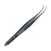 Bracken Iris Forceps, Lightly Curved, Serrated Handle, Matte Finish, Delicate Cross-Serrated Lightly Curved Tips, Overall Length 4" (100mm) 229129,May-27,E1416