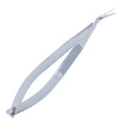 Castroviejo Corneal Scissors, Angled, Blunt Tips, Universal Miniature Model, 19mm Mid-Screw To Tip, Flat Handle, Overall Length 4-1/4" (106mm) 889122,May-34,E3223