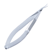 Castroviejo Corneal Section Scissors, Curved Right, Blunt Tips, Lower Blade 0.5mm Longer Than Upper Blade, 14mm Mid-Screw to Tip, Flat Handle, Overall Length 4-1/8" (105mm) 918707,May-15,E3304