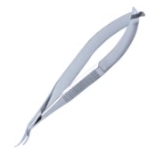 Castroviejo Corneal Section Scissors, Curved, Left, Angulated Blade, Lower Blade 1mm Longer Than Upper, Rounded Spatula-Like Upper Blade, 18mm Mid-Screw To Tip, Serrated Flat Handle, Polished Finish, Overall Length 4-1/4" (110mm) E3301