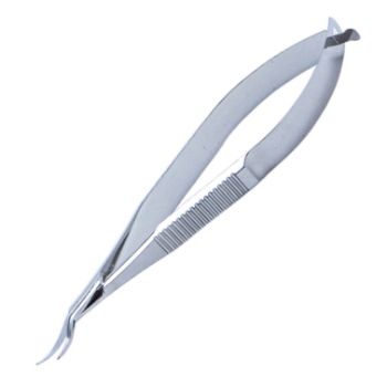 Castroviejo Corneal Section Scissors, Curved, Left, Angulated Blade, Lower Blade 1mm Longer Than Upper, Rounded Spatula-Like Upper Blade, 18mm Mid-Screw To Tip, Serrated Flat Handle, Polished Finish, Overall Length 4-1/4" (110mm) E3301