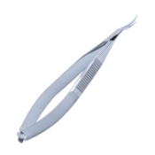 Castroviejo Corneal Section Scissors, Curved, Right, Angulated Blade, Lower Blade 1mm Longer Than Upper, Rounded Spatula-Like Upper Blade, 18mm Mid-Screw To Tip, Serrated Flat Handle, Polished Finish, Overall Length 4-1/4" (110mm) E3300