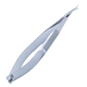 Castroviejo Corneal Section Scissors, Curved Right, Blunt Tips, Mid-Miniature Model, Lower Blade 0.5mm Longer Than Upper Blade, 13mm Mid-Screw To Tip, Serrated Flat Handle, Polished Finish, Overall Length 4-1/8" (105mm) E3304M,5860E,E3304 M