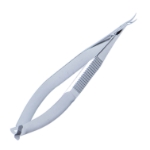 Castroviejo Corneal Section Scissors, Curved Left, Blunt Tips, Mid-Miniature Model, Lower Blade 0.5mm Longer Than Upper Blade, 13mm Mid-Screw To Tip, Serrated Flat Handle, Polished Finish, Overall Length 4-1/8" (105mm) E3305M,5861E,E3305 M