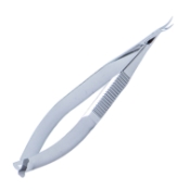 Castroviejo Corneal Section Scissors, Curved Left, Blunt Tips, Mid-Miniature Model, Lower Blade 0.5mm Longer Than Upper Blade, 13mm Mid-Screw To Tip, Serrated Flat Handle, Polished Finish, Overall Length 4-1/8" (105mm) E3305M,5861E,E3305 M