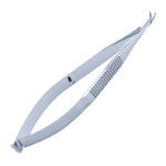 Castroviejo Corneal Section Scissors, Curved Left, Blunt Tips, Sub-Miniature Model, Lower Blade 0.5mm Longer Than Upper Blades, 9mm Mid-Screw To Tip, Serrated Handle, Polished Finish, Overall Length 4-1/8" (103mm) E3305X,5876E,E3305X