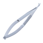 Castroviejo Corneal Section Scissors, Curved Left, Blunt Tips, Sub-Miniature Model, Lower Blade 0.5mm Longer Than Upper Blades, 9mm Mid-Screw To Tip, Serrated Handle, Polished Finish, Overall Length 4-1/8" (103mm) E3305X,5876E,E3305X