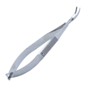 Castroviejo Corneal Scissors, Curved, Universal Medium Model, Blunt Tips, 16mm Mid-Screw To Tip, Serrated Flat Handle, Polished Finish, Overall Length 4-1/2" (115mm) 888026,May-31,08-03209,E3220