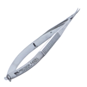 Castroviejo Corneal Scissors, Curved, Left, Blunt Tips, Miniature Model, 11mm Mid-Screw To Tip, Serrated Flat Handle, Polished Finish, Overall Length 4-1/8" (105mm) E3218 L,08-03206,5829E,08-03206,E3218 L