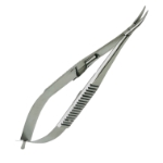 Castroviejo Needle Holder, Delicate, Curved, 13mm Mid-Screw To Tip, With Lock, Serrated Handle, Overall Length 5-1/2" (140mm) 