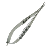 Castroviejo Needle Holder, Delicate, Curved, 13mm Mid-Screw To Tip, With Lock, Serrated Handle, Overall Length 5-1/2" (140mm) 