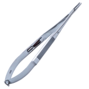 Castroviejo Needle Holder, Straight, Delicate, With Lock, 15mm Mid-Screw To Tip, Serrated Spring Handle, Overall Length 5-1/2" (140mm) 1122148,May-72,K6-1500,08-02125,E3861