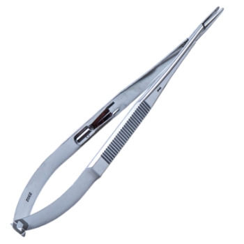 Castroviejo Needle Holder, Straight, Delicate, With Lock, 15mm Mid-Screw To Tip, Serrated Spring Handle, Overall Length 5-1/2" (140mm) 1122148,May-72,K6-1500,08-02125,E3861
