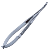Castroviejo Needle Holder, Gently Curved, Medium 11mm Jaws, With Lock, Serrated Flat Handle, Overall Length 5-3/8" (137mm) 1117399,May-59,K6-1520,08-02127,E3848