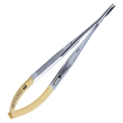 Castroviejo Needle Holder, TC, Straight, Medium 9mm Jaws, With Lock, Serrated Flat Handle, Overall Length 6" (150mm) 1118860,May-63,E3852