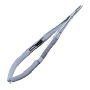 Castroviejo Needle Holder, Straight, 12mm Jaws, 18mm Mid-Screw To Tip, With Lock, Serrated Spring Handle, Overall Length 5-3/4" (145mm) 