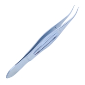 Castroviejo Style Colibri Forceps, 0.12mm, 1 x 2 Teeth, Set At 45 Degrees, 6mm Tying Platform, Serrated Wide Handle, Overall Length 4-1/4" (109mm) 882548,May-16,08-01259,E3205