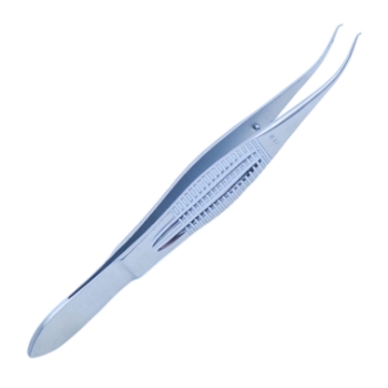 Castroviejo Colibri Forceps, 0.12mm, 1 x 2 Teeth, Set At 45 Degrees, 6mm Tying Platform, Serrated Wide Handle, Overall Length 4-1/4" (109mm) 882548,May-16,08-01259,E3205