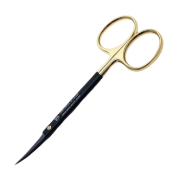 Ceramic Iris Scissors, TC, Super Cut, Curved, Sharp Tips, Square Shaft, Bottom Blade Serrated, Gold Ring Handles, Black Titanium Nitride Coating, Overall Length 4-1/2" (115mm) 