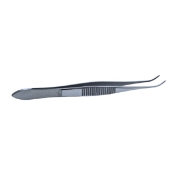 Dressing Forceps, Gently Curved, Serrations, Serrated Handle, Polished Finish, Gently Curved Heavy Tips, Overall Length 4" (100mm) 226938,5-2521,08-01505,E1410