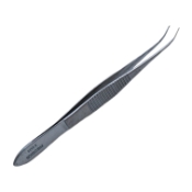 Iris Forceps, Curved, Delicate Lightly Curved Tips, 1 x 2 Mouse Style Teeth, Serrated Handle, Polished Finish, Overall Length 3-7/8" (100mm) 232051,May-35,K5-4110,08-01235,E1424
