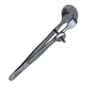 Ehrhardt Lid Forceps, 14mm Oval Solid Lower Plate, Straight 9mm Serrated Upper Jaw, Locking Thumb Screw, Serrated Handle, Polished Finish, Overall Length 3-1/2" (90mm) 630166,25-May,K5-9400,08-01706,E2514