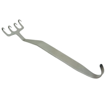 Freeman Face Lift Retractor, Adamson Model, 4 Prongs, 2 Recessed Pointed, Triangular Bend, 38mm Blade Width, 18mm Blade Length, 68mm Bend To Tip, Overall Length Is 6-3/4" (174mm) 