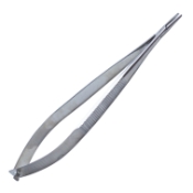 Green Needle Holder, Angled, 12mm Serrated Jaws, V-Groove Suturing Platforms, Serrated Flat Spring Loaded Handle, Polished Finish, Overall Length 4-1/4" (107mm) 1111921,May-44,E3833