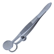 Hunt Chalazion Forceps, Locking Thumb Screw, Round Solid 15mm Wide Lower Plate, Open Upper Plate, Inside Diameter Of 12mm, Serrated Handle, Polished Finish, Overall Length 3-3/4" (97mm) 668151,May-29,K5-9500,08-01711,E2618