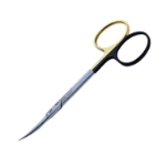 Iris Scissors, Curved, Super Cut, TC, Serrated Bottom Blade, Sharp Pointed Tips, Two Tone Finish, One Black Ring, One Gold Ring Handle, Overall Length 4-1/2" (115mm) 
