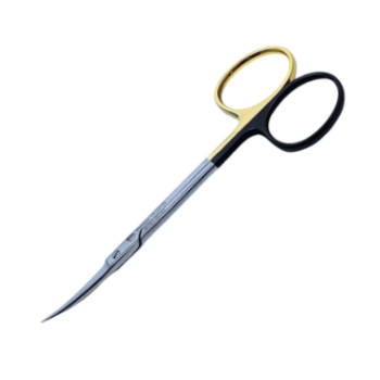 Iris Scissors, Curved, Super Cut, TC, Serrated Bottom Blade, Sharp Pointed Tips, Two Tone Finish, One Black Ring, One Gold Ring Handle, Overall Length 4-1/2" (115mm) 