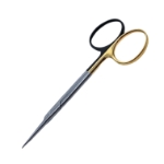 Iris Scissors, Straight, Super Cut, TC, Serrated Bottom Blade, Sharp Pointed Tips, Two Tone Finish, One Black Ring, One Gold Ring Handle, Overall Length 4-1/2" (115mm) 