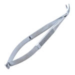 Katzin Corneal Transplant Scissors, Left, Strongly Curved, Blunt Tips, Minature Model, Uneven Blade Lengths, Upper Blade 11mm Mid-Screw To Tip, Serrated Flat Handle, Polished Finish, Overall Length 4-1/4" (108mm) 892409,May-43,E3232
