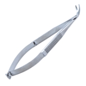 Katzin Corneal Transplant Scissors, Left, Strongly Curved, Blunt Tips, Minature Model, Uneven Blade Lengths, Upper Blade 11mm Mid-Screw To Tip, Serrated Flat Handle, Polished Finish, Overall Length 4-1/4" (108mm) 892409,May-43,E3232