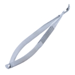 Katzin Corneal Transplant Scissors, Right, Strongly Curved, Blunt Tips, Minature Model, Uneven Blade Lengths, Upper Blade 11mm Mid-Screw To Tip, Serrated Flat Handle, Polished Finish, Overall Length 4-1/4" (108mm) 892775,May-44,E3233
