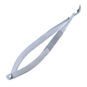 Katzin Corneal Transplant Scissors, Right, Strongly Curved, Blunt Tips, Minature Model, Uneven Blade Lengths, Upper Blade 11mm Mid-Screw To Tip, Serrated Flat Handle, Polished Finish, Overall Length 4-1/4" (108mm) 892775,May-44,E3233