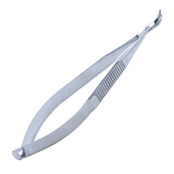 Katzin Corneal Transplant Scissors, Right, Strongly Curved, Blunt Tips, Minature Model, Uneven Blade Lengths, Upper Blade 11mm Mid-Screw To Tip, Serrated Flat Handle, Polished Finish, Overall Length 4-1/4" (108mm) 892775,May-44,E3233
