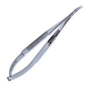 Knolle Needle Holder, Fine, 10mm Gently Curved Jaws, Serrated Flat Handle, With Lock, Polished Finish, Overall Length 5-3/4" (144mm) 1119226,May-64,E3853