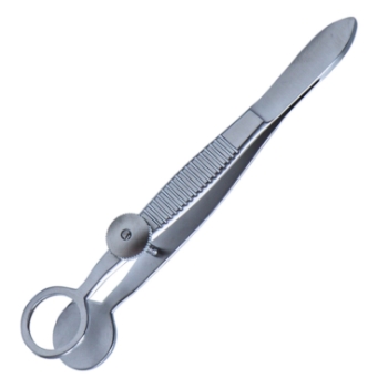 Lambert Chalazion Forceps, Locking Thumb Screw, Round Solid Lower Plate, Open Upper Plate, Inside Diameter Of 15mm, Large, Serrated Handle, Polished Finish, Overall Length 3-3/4" (97mm) 673264,May-43,E2632