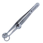Lambert Chalazion Forceps, Locking Thumb Screw, Round Solid 10mm Wide Lower Plate, Open Upper Plate, Inside Diameter Of 8mm, Small, Serrated Handle, Polished Finish, Overall Length 3-5/8" (92mm) 672534,May-41,K5-9450,08-01710,E2630