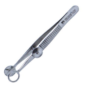 Lambert Chalazion Forceps, Locking Thumb Screw, Round Solid 10mm Wide Lower Plate, Open Upper Plate, Inside Diameter Of 8mm, Small, Serrated Handle, Polished Finish, Overall Length 3-5/8" (92mm) 672534,May-41,K5-9450,08-01710,E2630