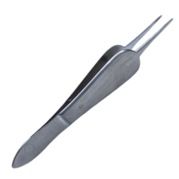 Manhattan Eye Ear Suturing Forceps, Tips Angled 90 Degrees In, 1 x 2 Teeth, 6mm Tying Platform, Smooth Wide Handle, Polished Finish, Overall Length 3-1/2" (90mm) 